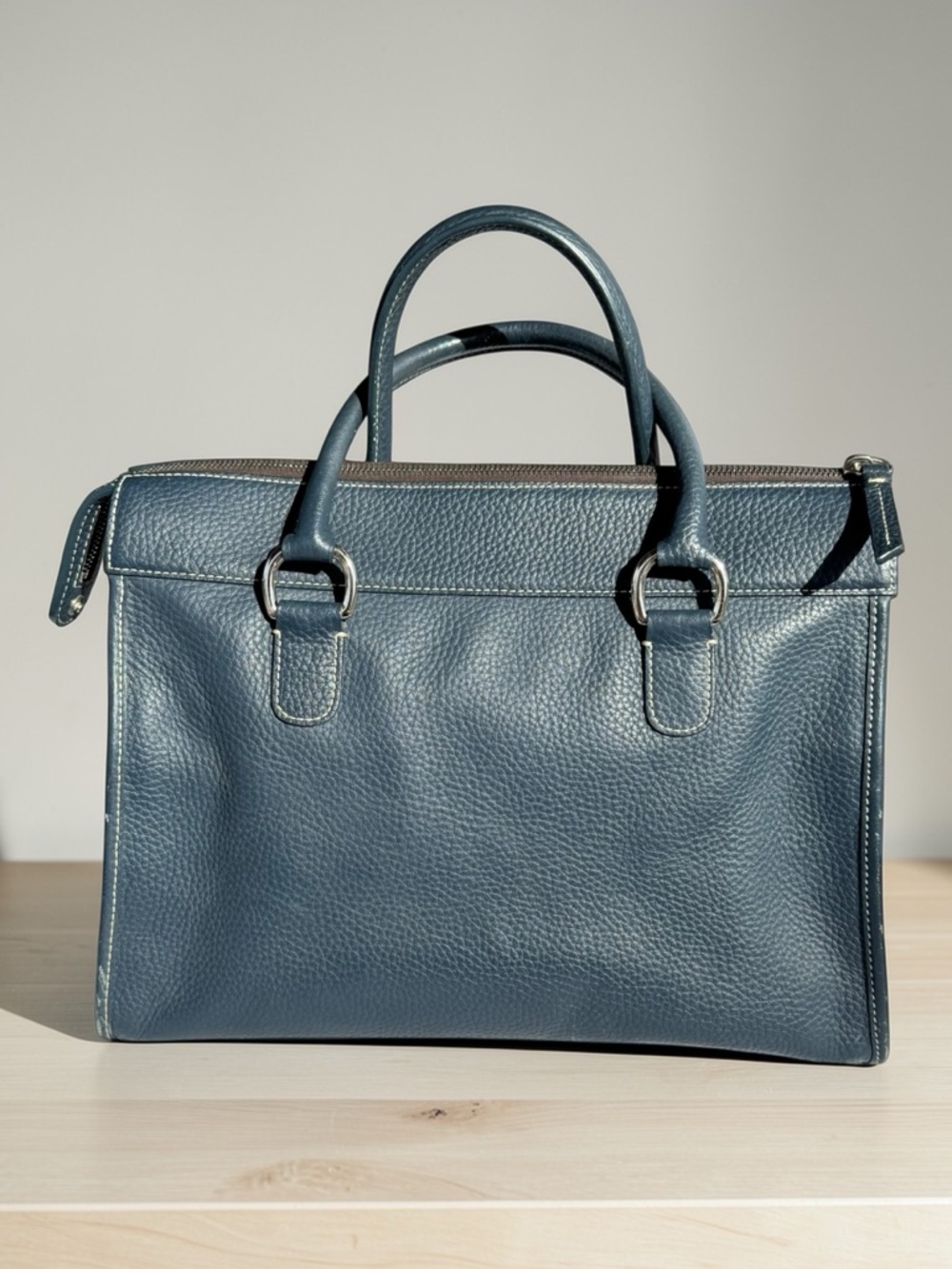 Dooney & Bourke Navy Blue Pebbled Leather Double Pocket Satchel - Picture 2 of 10